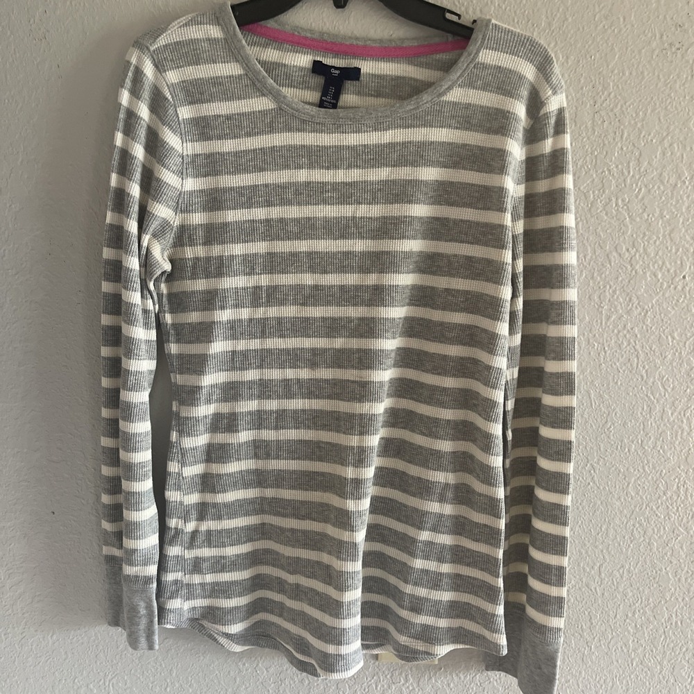 Gap Women's Grey White Striped Waffle Knit Thermal Long Sleeve Top L Cozy